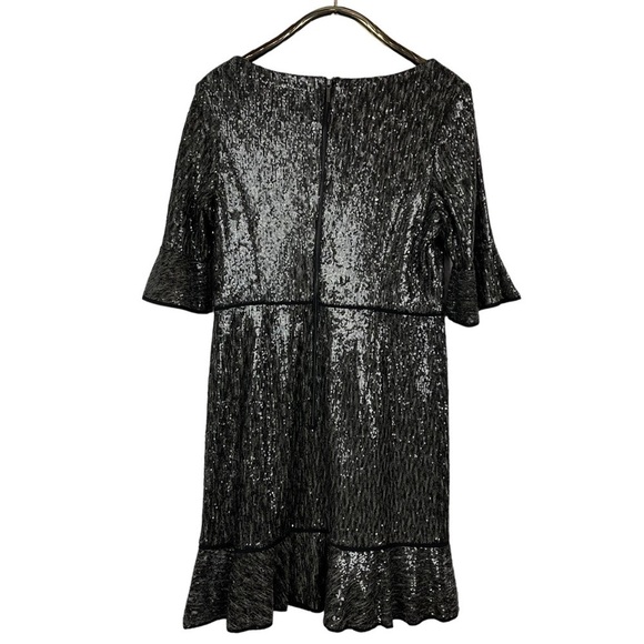 SHANI S-2025 SEQUIN RUFFLE HALF SLEEVE GRAY SILVER HOLIDAY COCKTAIL DRESS - Picture 5 of 14